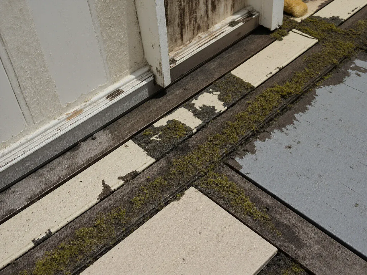 Deteriorated elevated deck with water damage before restoration