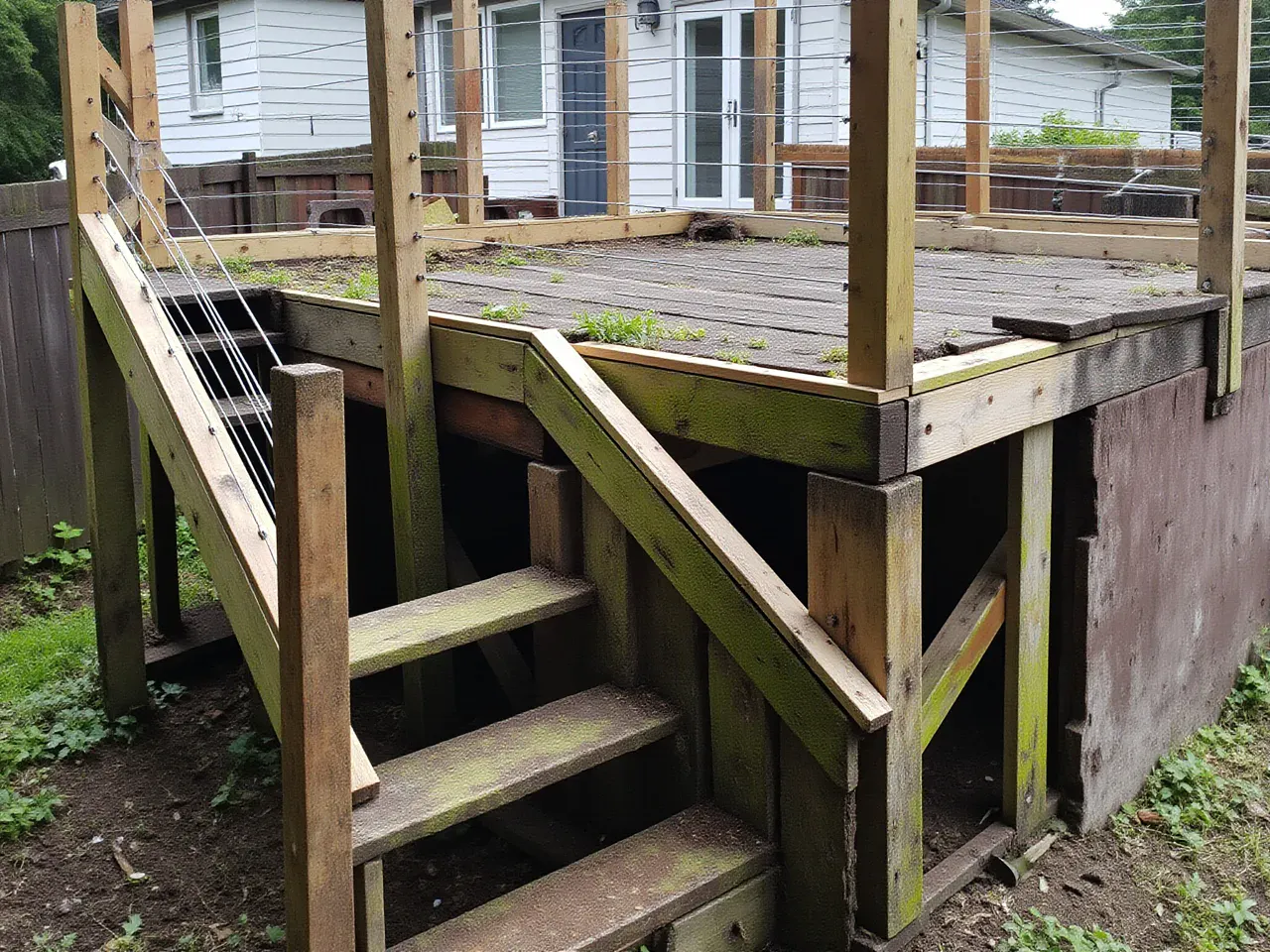 Old rotting cedar deck with broken cable railings before replacement