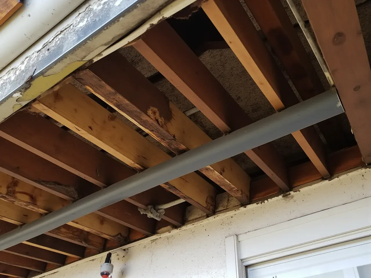 Old unsafe deck framing exposed showing water damage