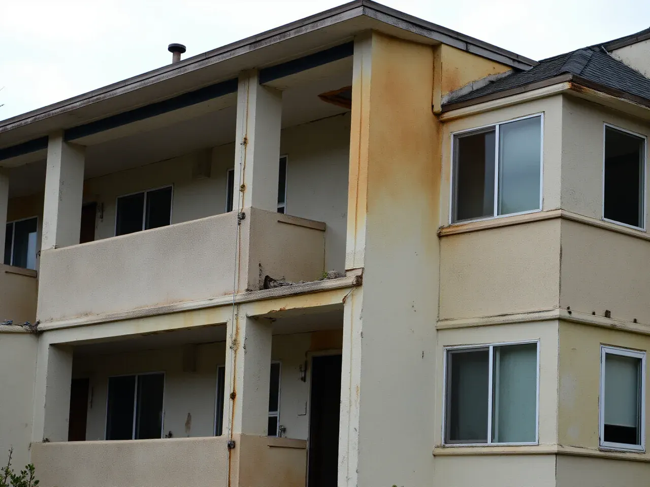 Deteriorated multi-family residential building balconies before restoration
