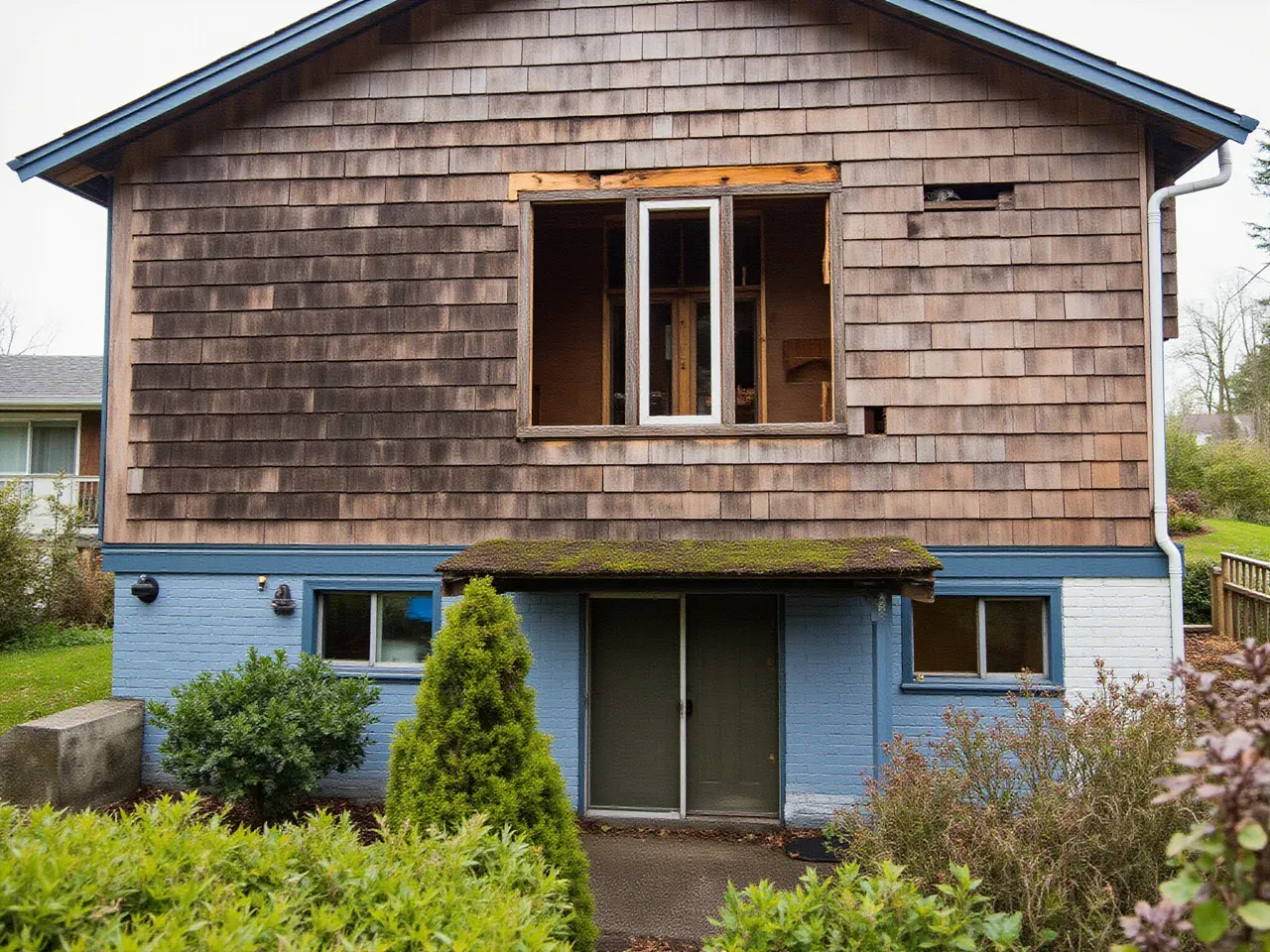 Old severely damaged cedar lap siding on craftsman home before restoration