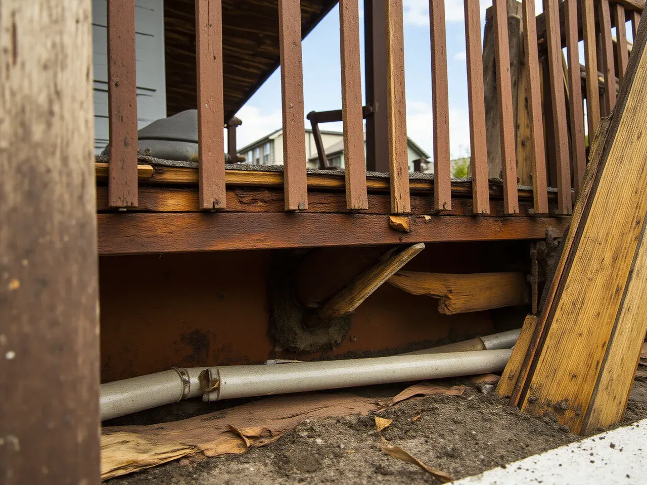 Old failing deck with major structural issues before retrofit