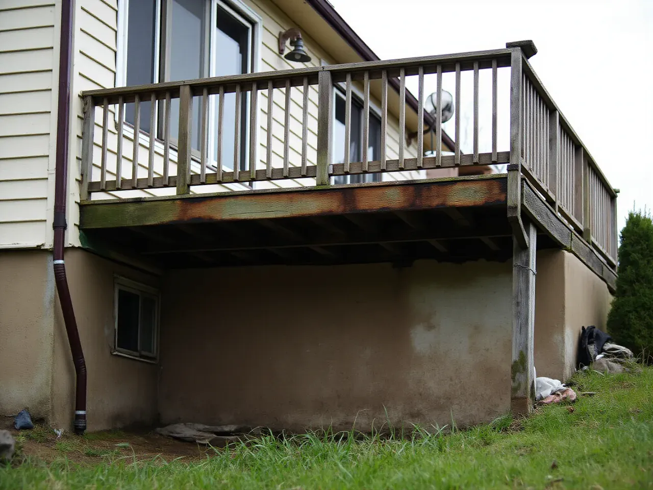 Old hillside home deck with severe water damage before restoration