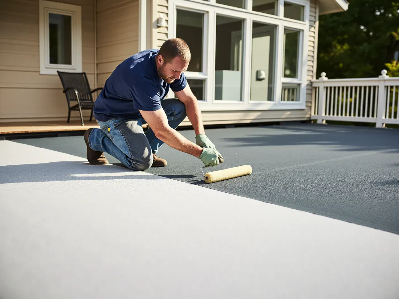 Contractor applying waterproofing membrane to a residential deck