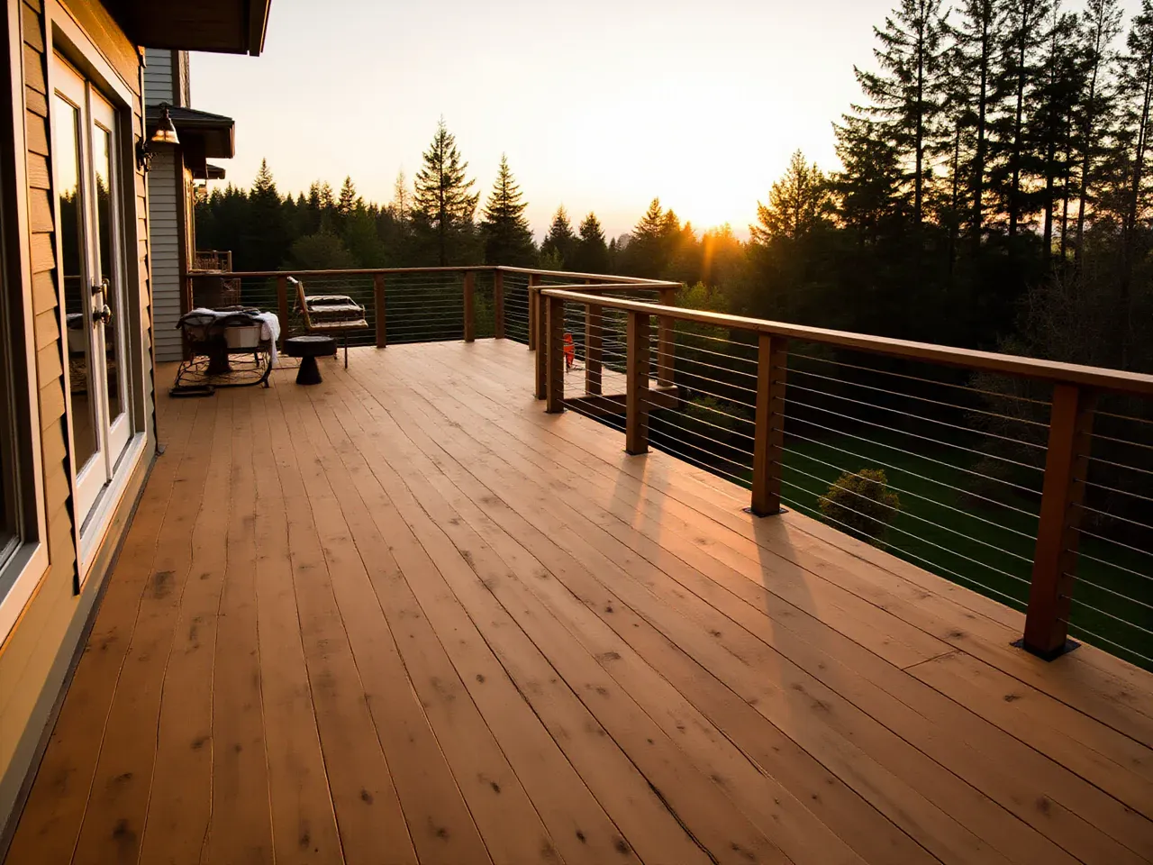 Completed cedar deck with cable railings at golden hour