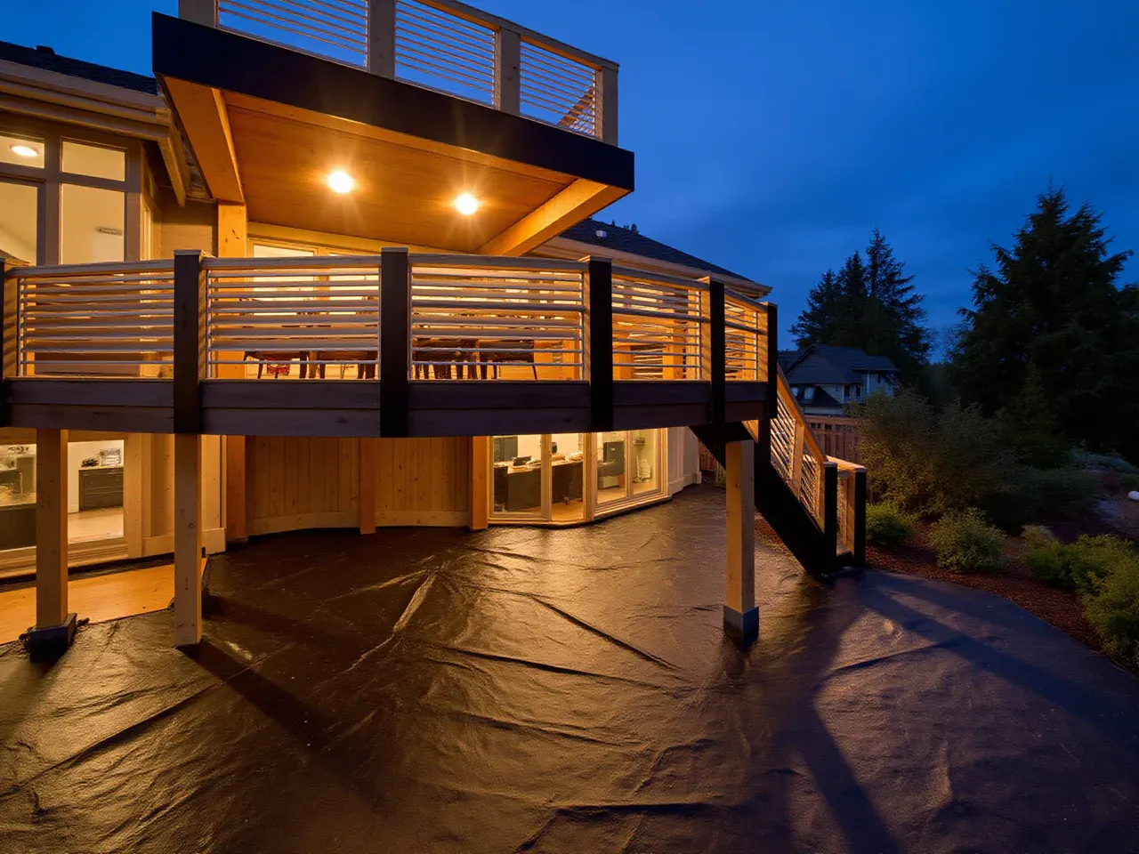 Restored elevated residential deck with waterproofing system over living space