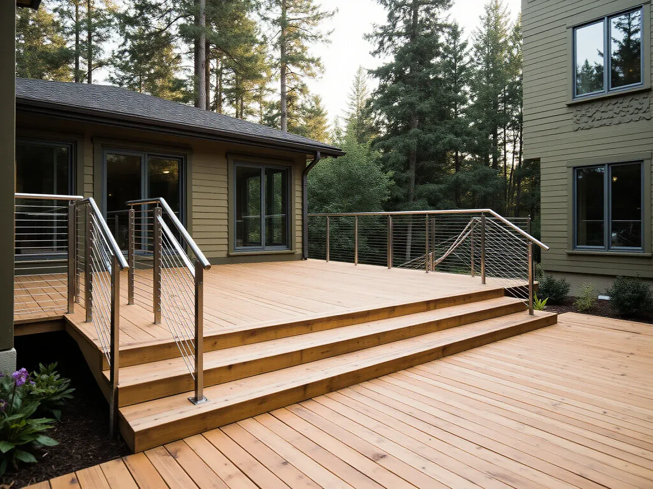 Newly built cedar deck with stainless steel cable railings