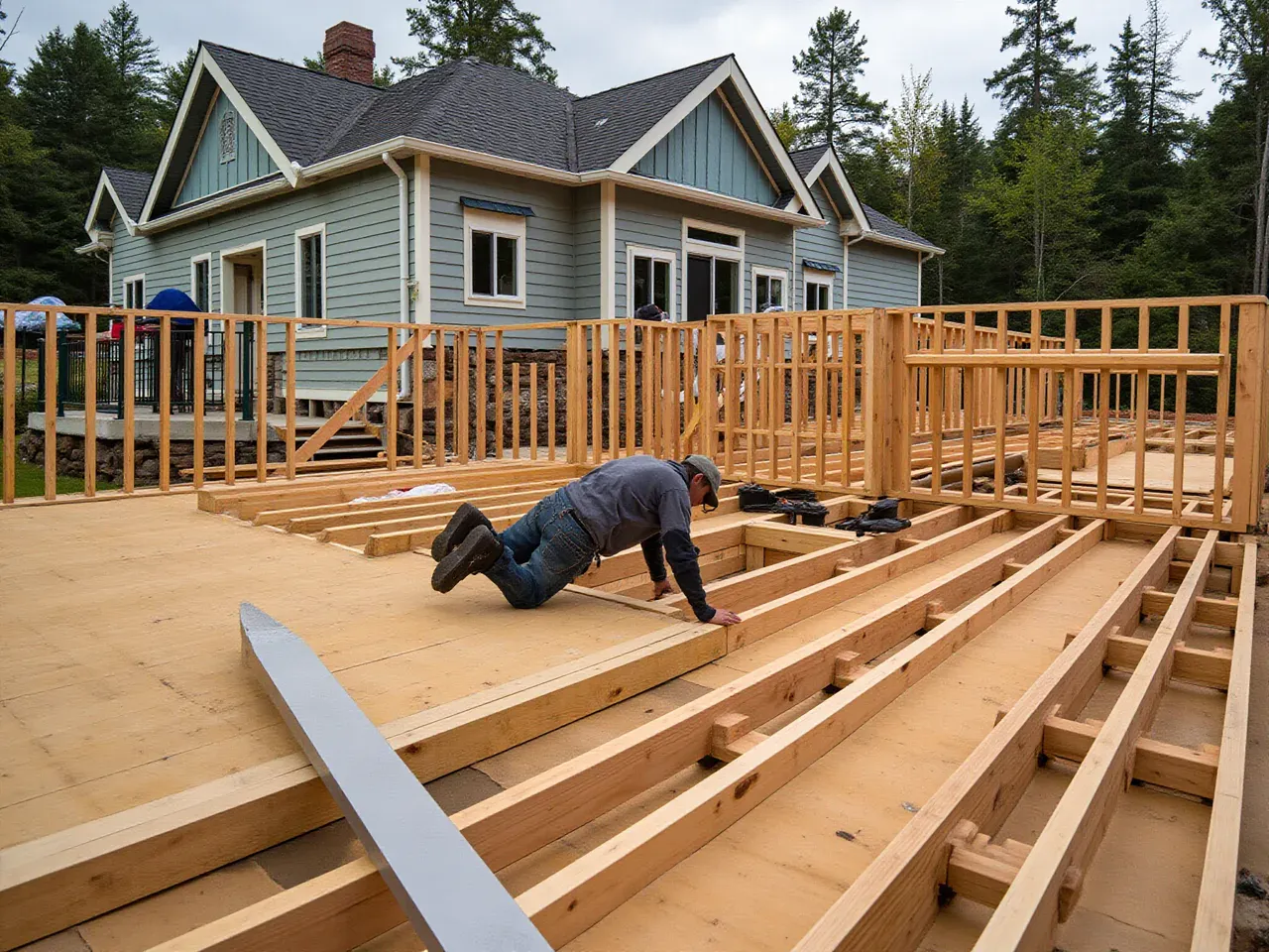 New deck under construction in framing stage