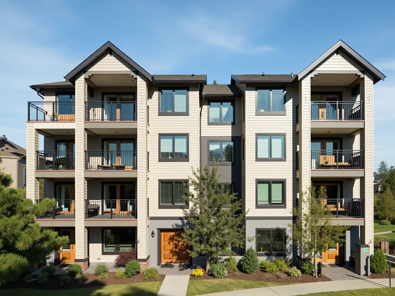 Multi-family residential building with new waterproofed balcony decks